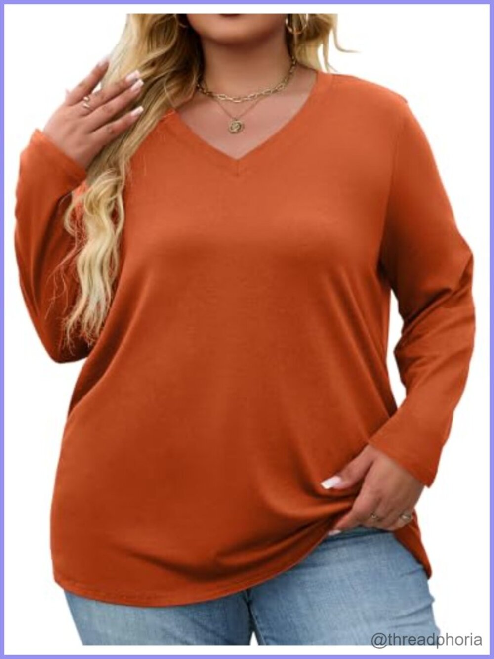 Plus Size V Neck Long Sleeve T-Shirt Loose Fit Casual Fall Top